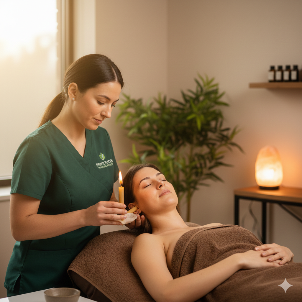 Ear candling treatment session at Princeton Wellness Centre in Richmond Hill, performed by a trained practitioner to promote relaxation and ear wellness.