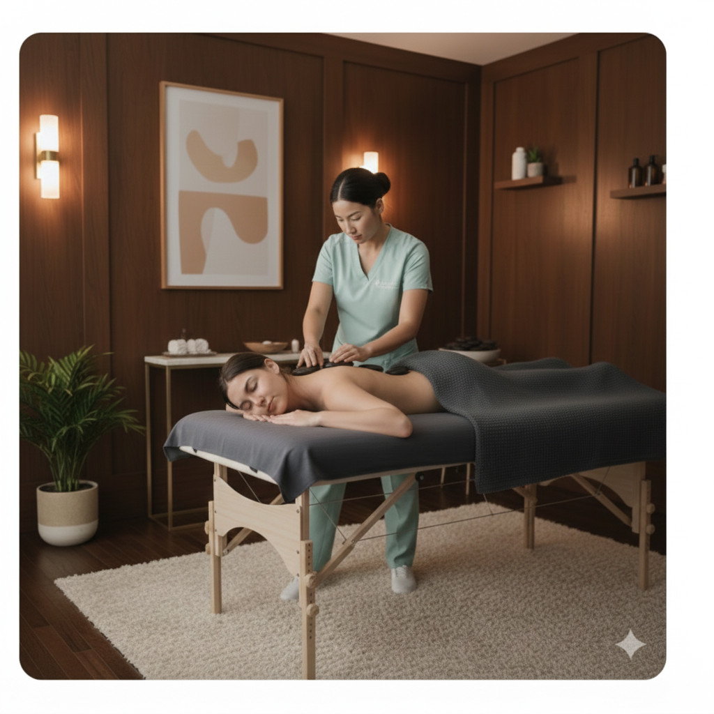 Relaxing hot stone massage session with heated basalt stones at Princeton Wellness Centre in Richmond Hill.