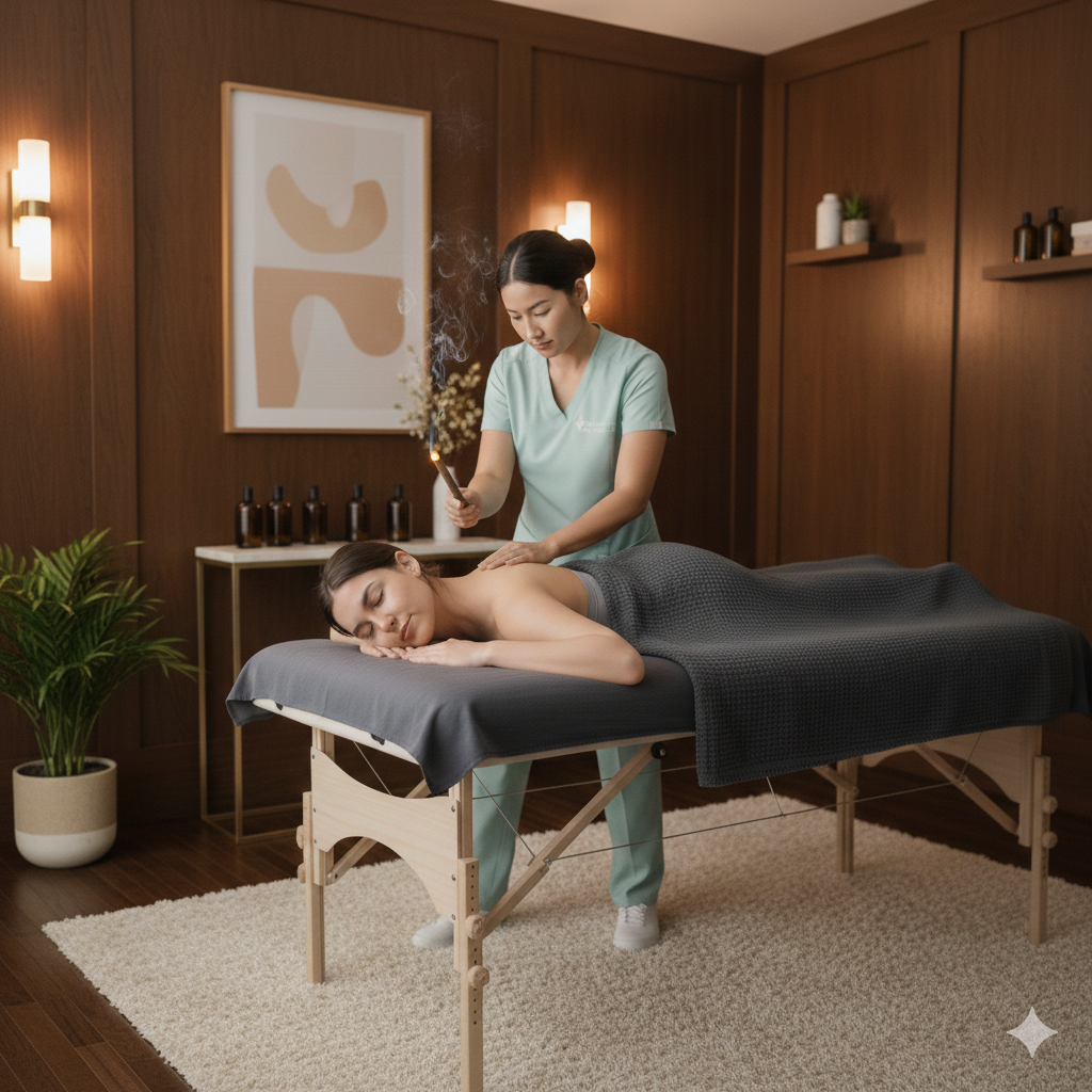 Moxibustion treatment session at Princeton Wellness Centre in Richmond Hill, using traditional moxa heat therapy to warm meridians and improve circulation.